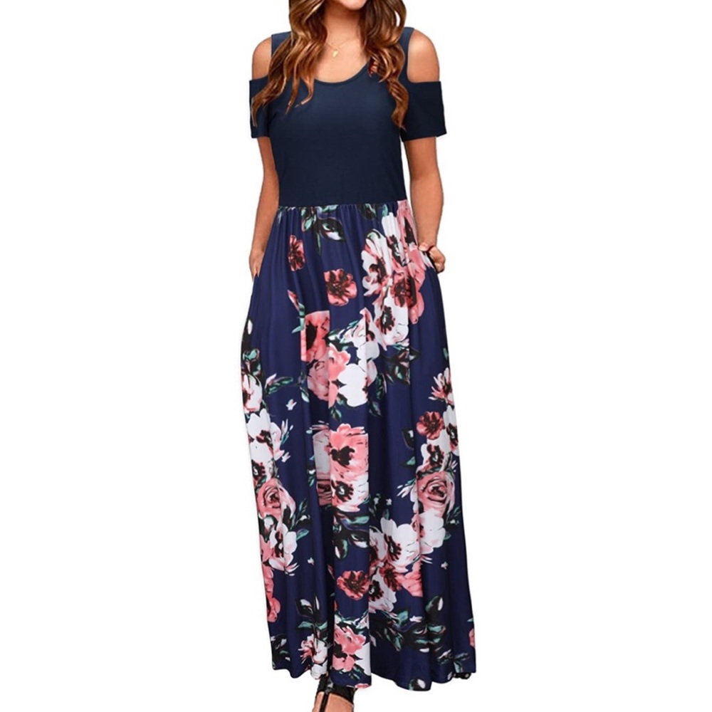Cold Shoulder Floral Casual Long Maxi Dress Pocket - Picture 9 of 10